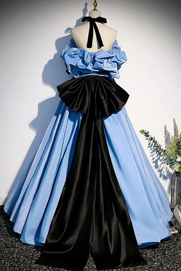 Blue Satin Off Shoulder with Bow Long Party Dress, Blue Satin Prom Dress Evening Dress TP1188