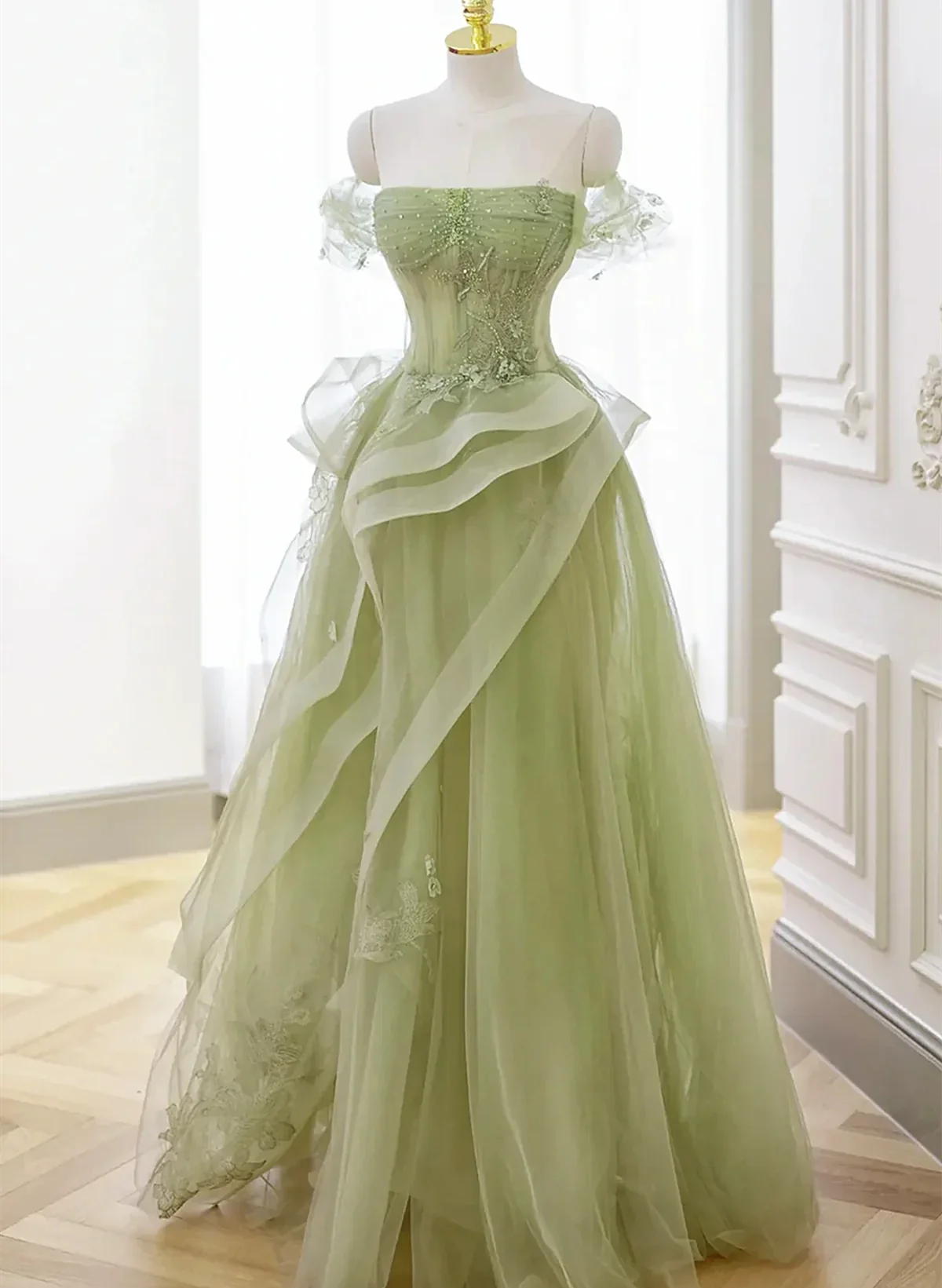 Cute Light Green A-line Beaded Tulle Party Dress, Light Green Long Prom Dress TP1192