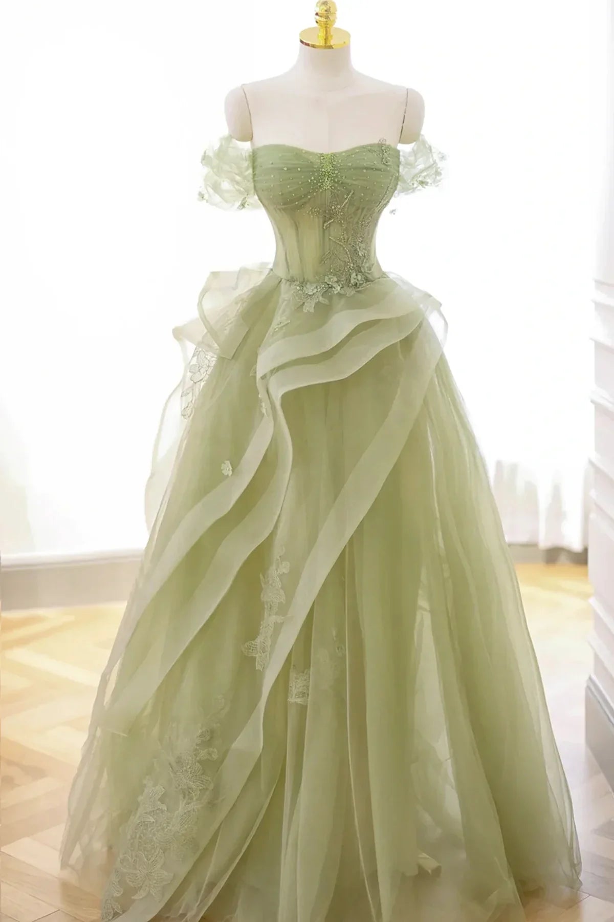 Cute Light Green A-line Beaded Tulle Party Dress, Light Green Long Prom Dress TP1192