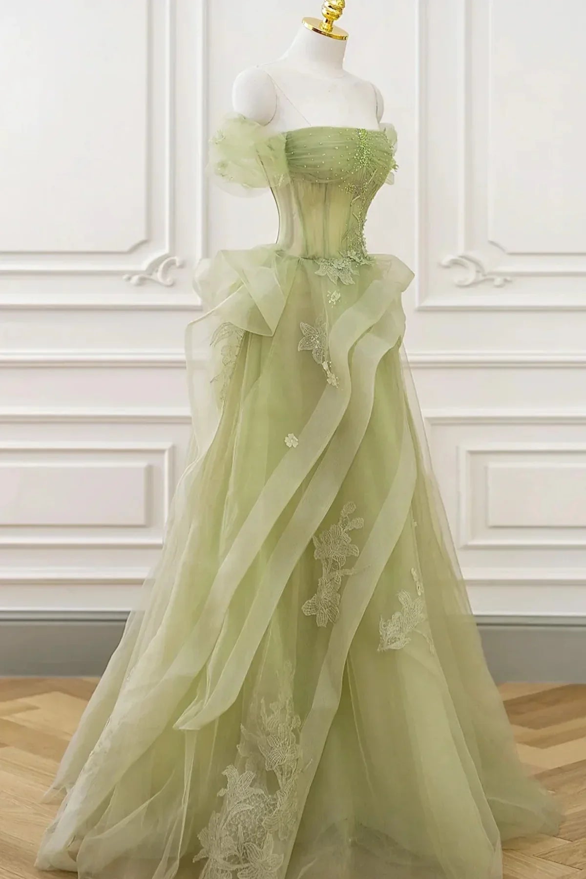 Cute Light Green A-line Beaded Tulle Party Dress, Light Green Long Prom Dress TP1192