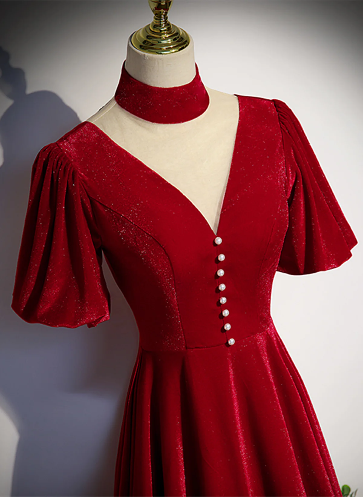 A-line Red Velvet High Neckline Wedding Party Dress, Red Velvet Long Prom Dress TP1195