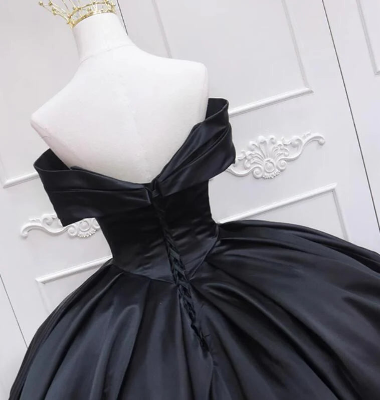Black Satin Ball Gown Sweetheart Long Formal Dress, Black Sweet 16 Dress TP1198