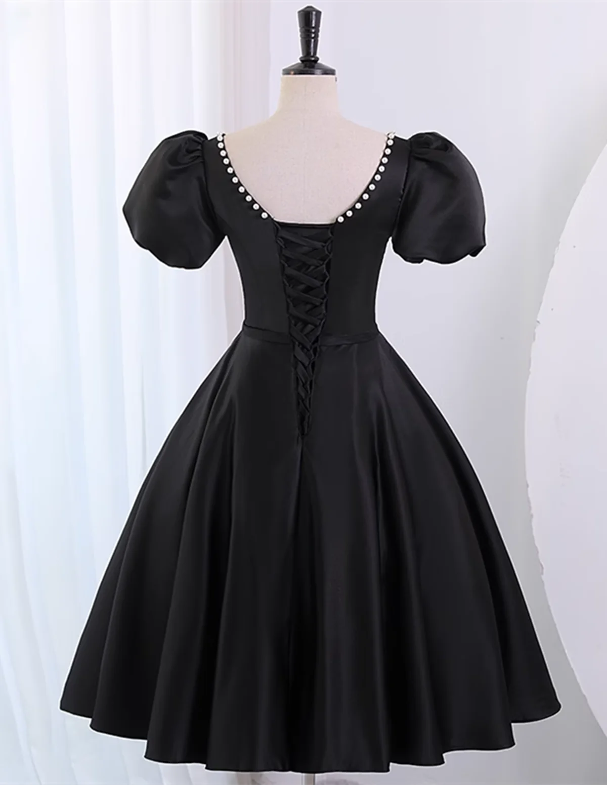 Black Satin Short Sleeves Homecoming Dress, Black Short Prom Dress TP1200