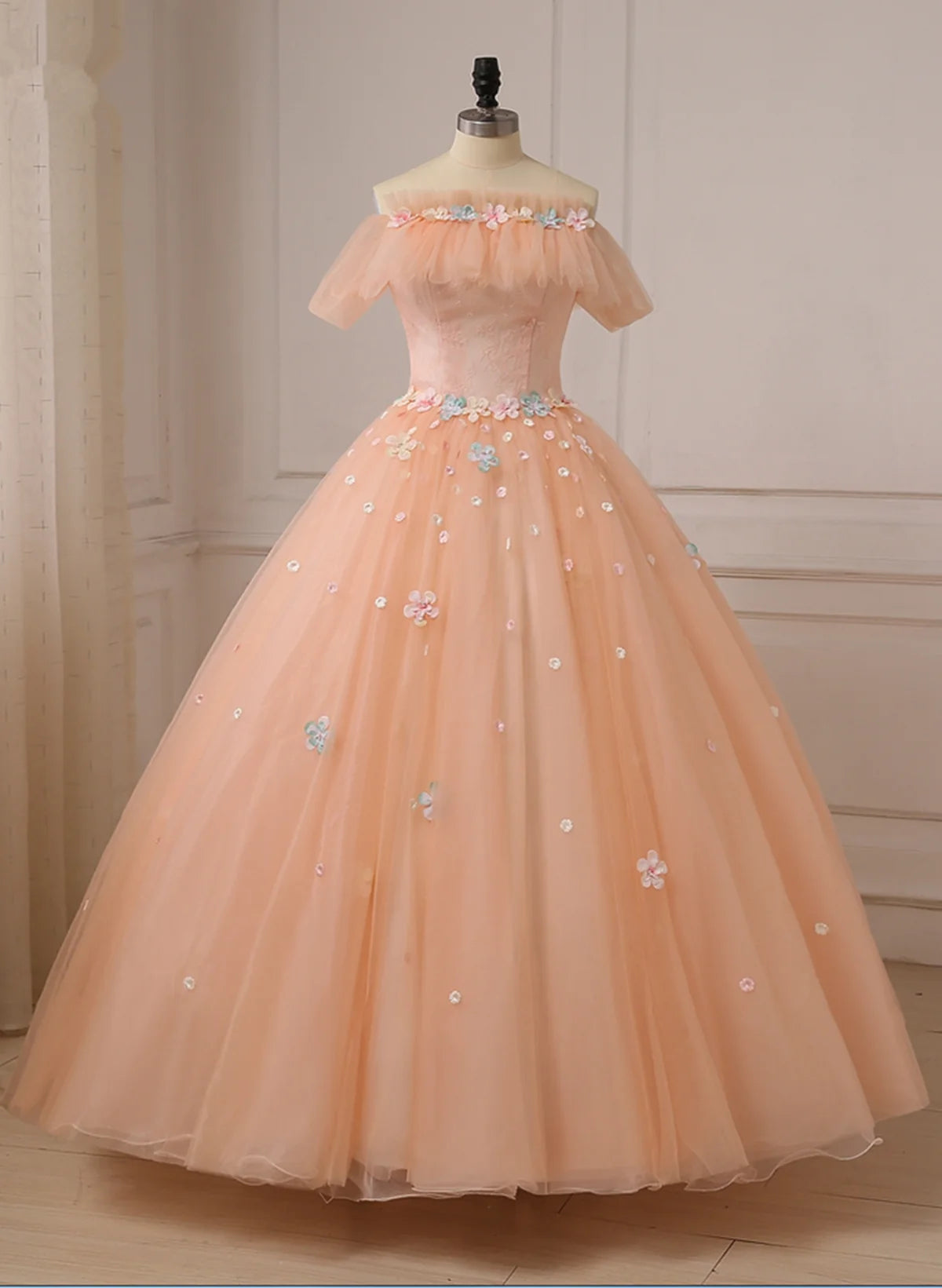 Pink Flowers Tulle Off Shoulder Party Dress, Pink Tulle Sweet 16 Dress TP1206