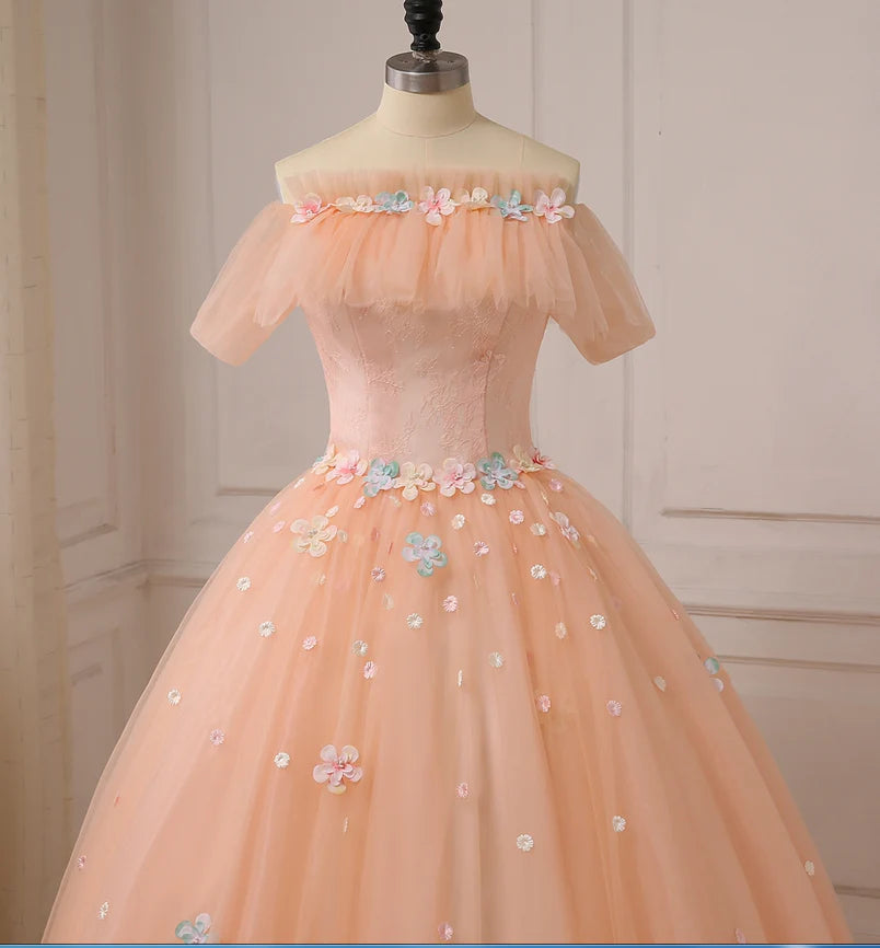 Pink Flowers Tulle Off Shoulder Party Dress, Pink Tulle Sweet 16 Dress TP1206