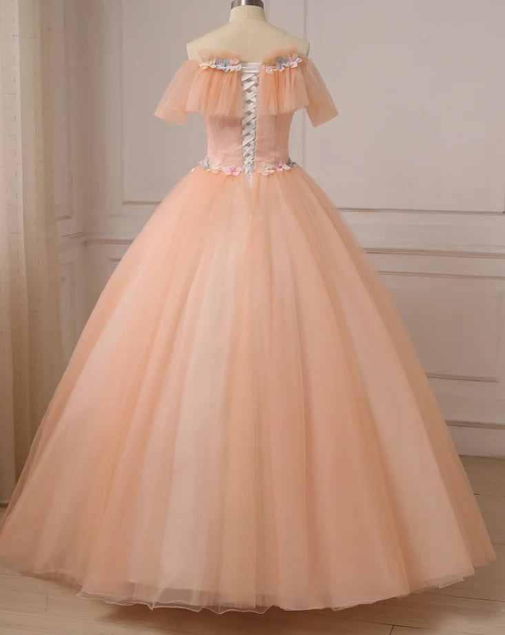 Pink Flowers Tulle Off Shoulder Party Dress, Pink Tulle Sweet 16 Dress TP1206