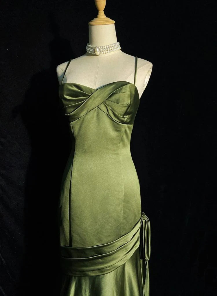 Green Satin Sweetheart Straps Long Evening Dress, Green Wedding Party Dress TP1207