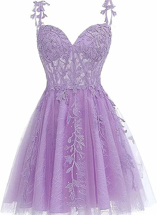 Lovely Short Tulle Sweetheart Straps Homecoming Dress, Lace Applique Short Prom Dress TP1210
