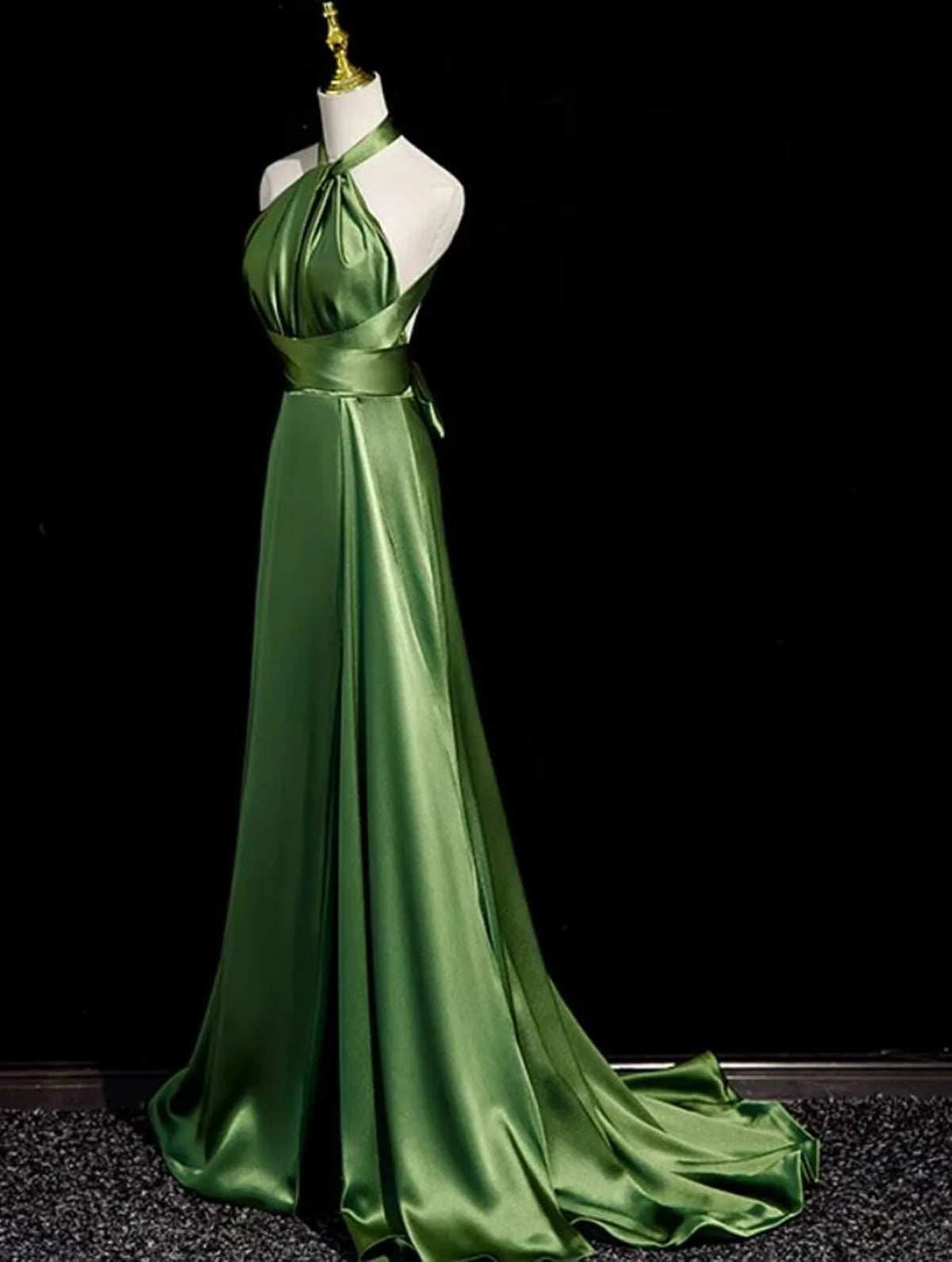Green Halter Satin Long Wedding Party Dress, Green Evening Dress Prom Dress TP1212