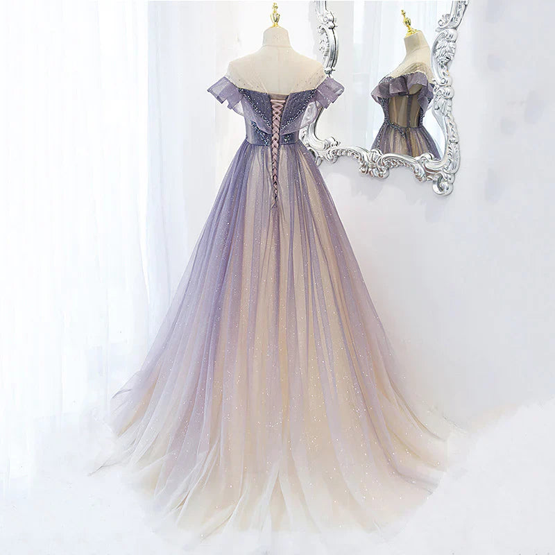 Purple Gradient A-line Beaded Tulle Long Prom Dress, Floor Length Purple Evening Dress TP1220