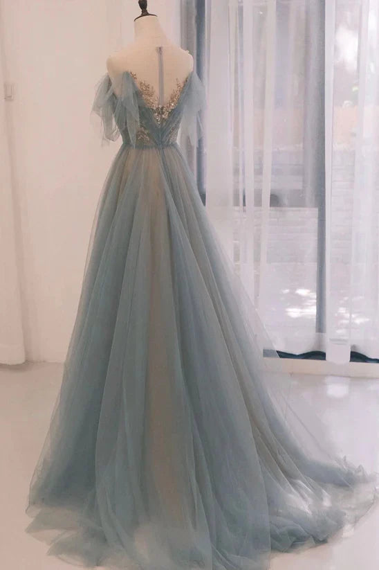 A-line Round Neckline Blue Tulle with Lace Long Party Dress, Tulle Evening Dress Prom Dress TP1222