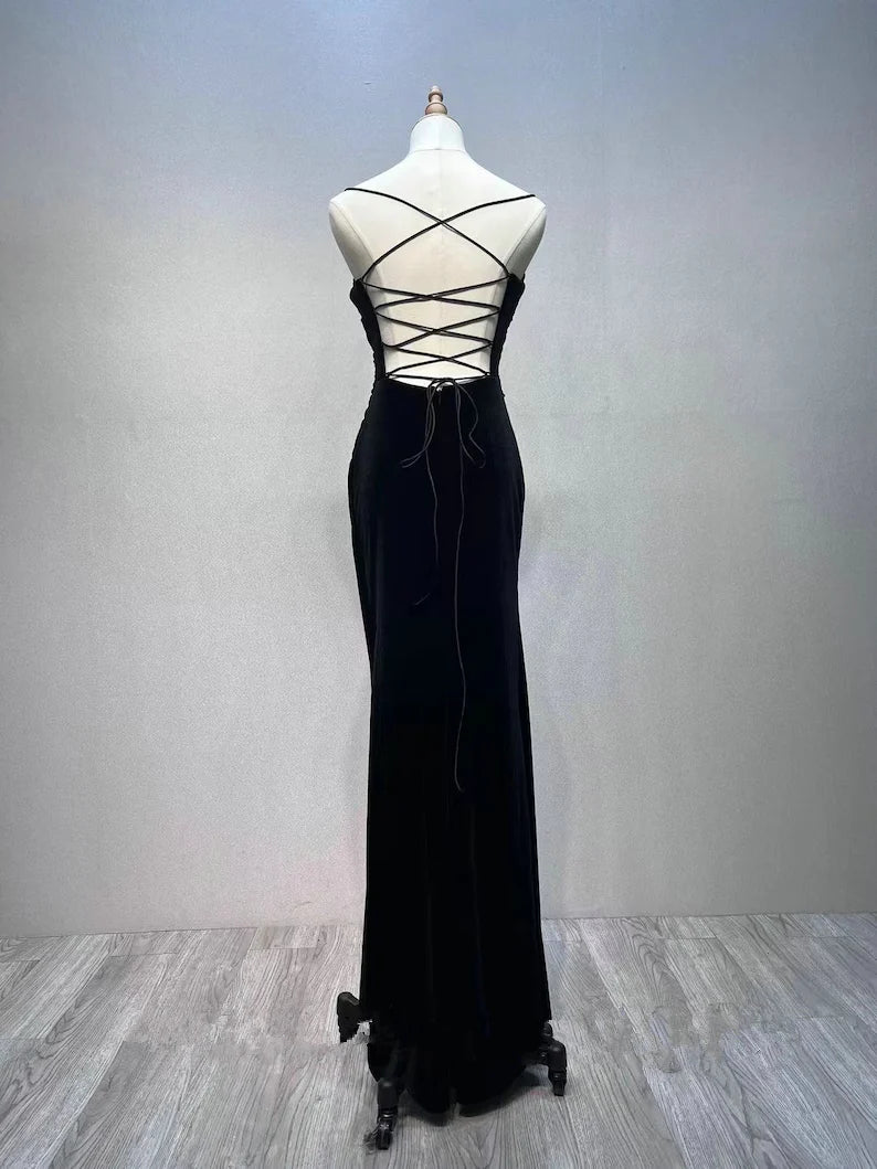 Black A-line Velvet with Lace Long Party Dress, Black Straps Prom Dress Formal Dress TP1228