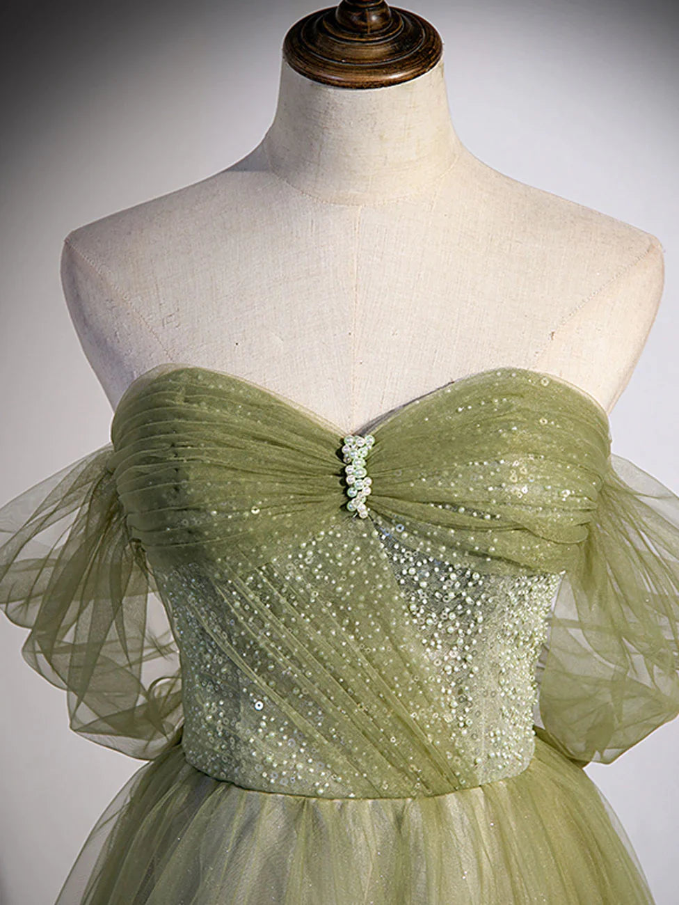 Light Green Sweetheart Beaded Tulle Party Dress, A-line Green Long Prom Dress TP1230