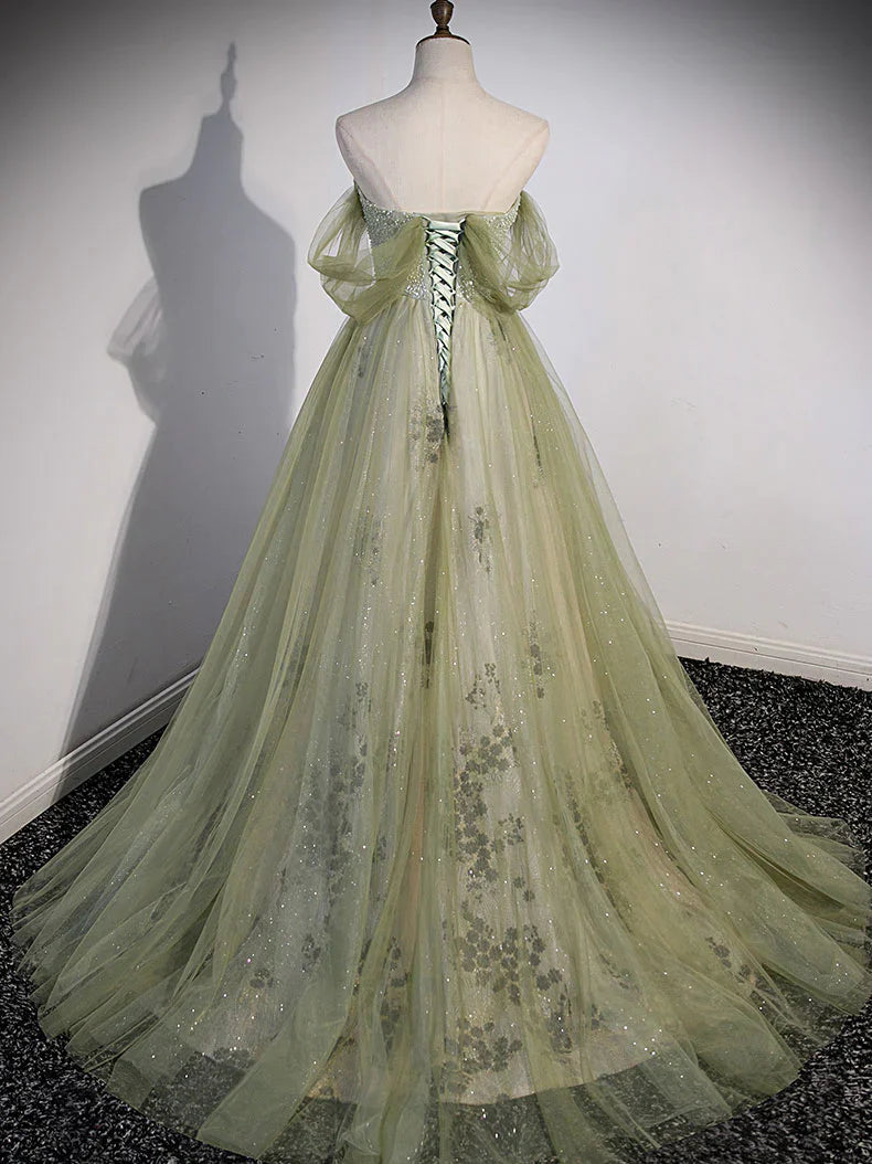 Light Green Sweetheart Beaded Tulle Party Dress, A-line Green Long Prom Dress TP1230