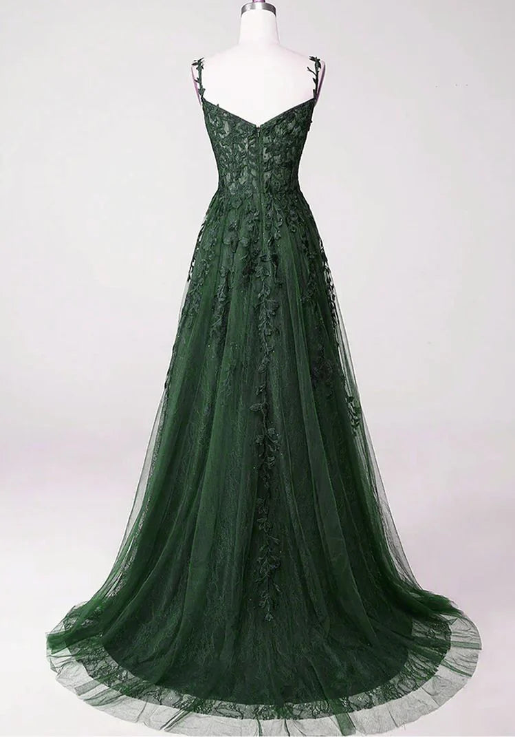 Green A-line Tulle with Lace Applique Long Party Dress, Green Floor Length Prom Dress TP1231