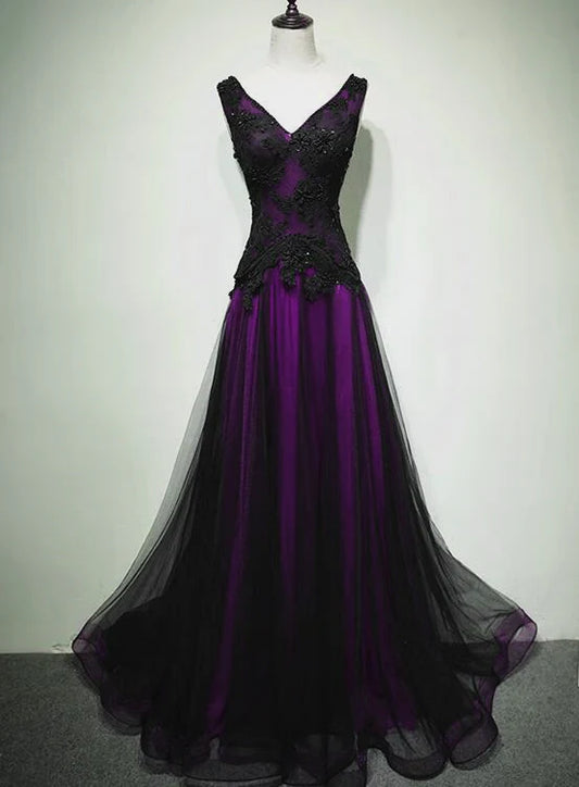 Black And Purple Tulle V-Neckline Beaded Prom Dress, Long Tulle Formal Dress Evening Dress TP1232