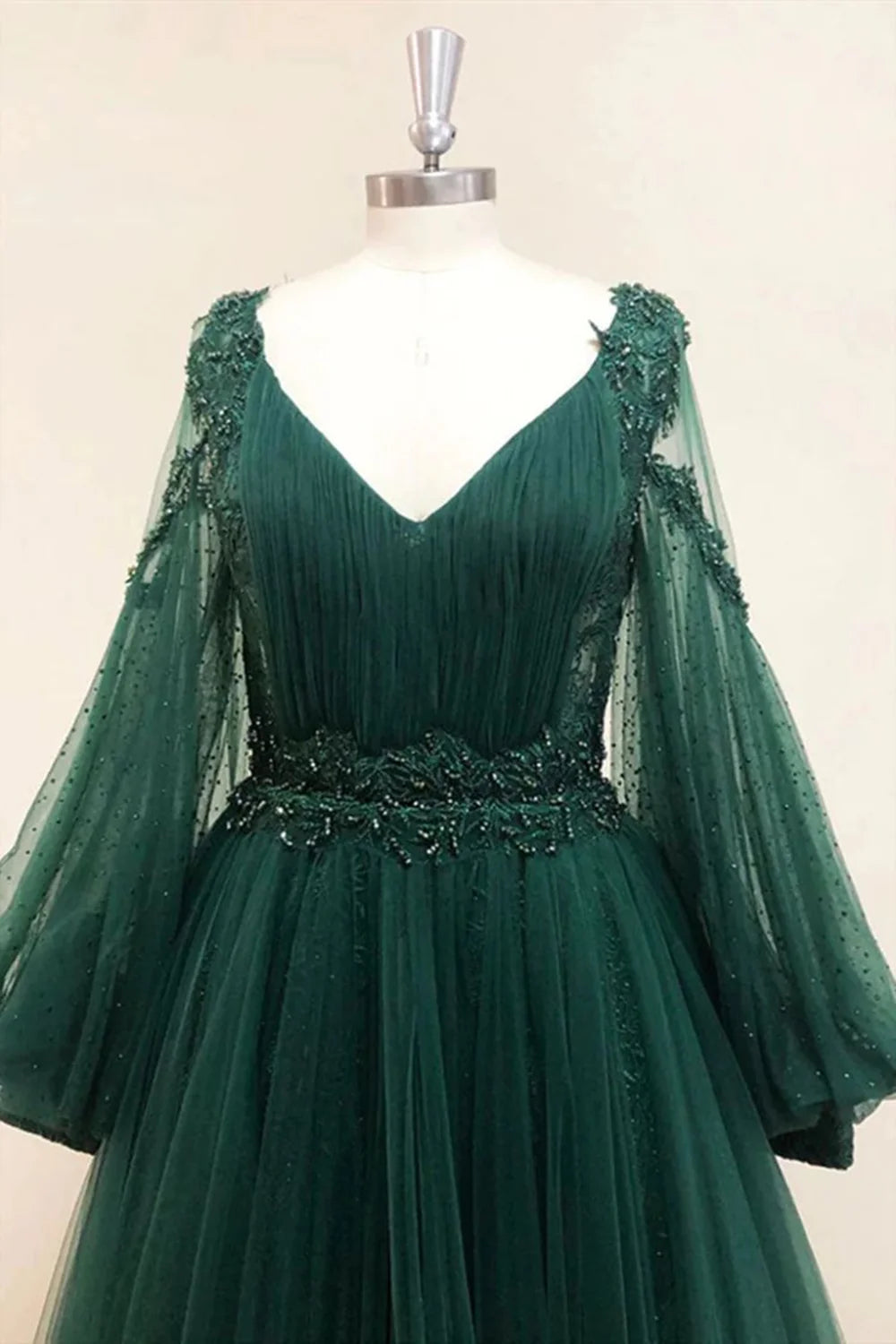 V Neck Long Sleeves Dark Green Lace Prom Dress, A-line Dark Green Lace Formal Evening Dress TP1239