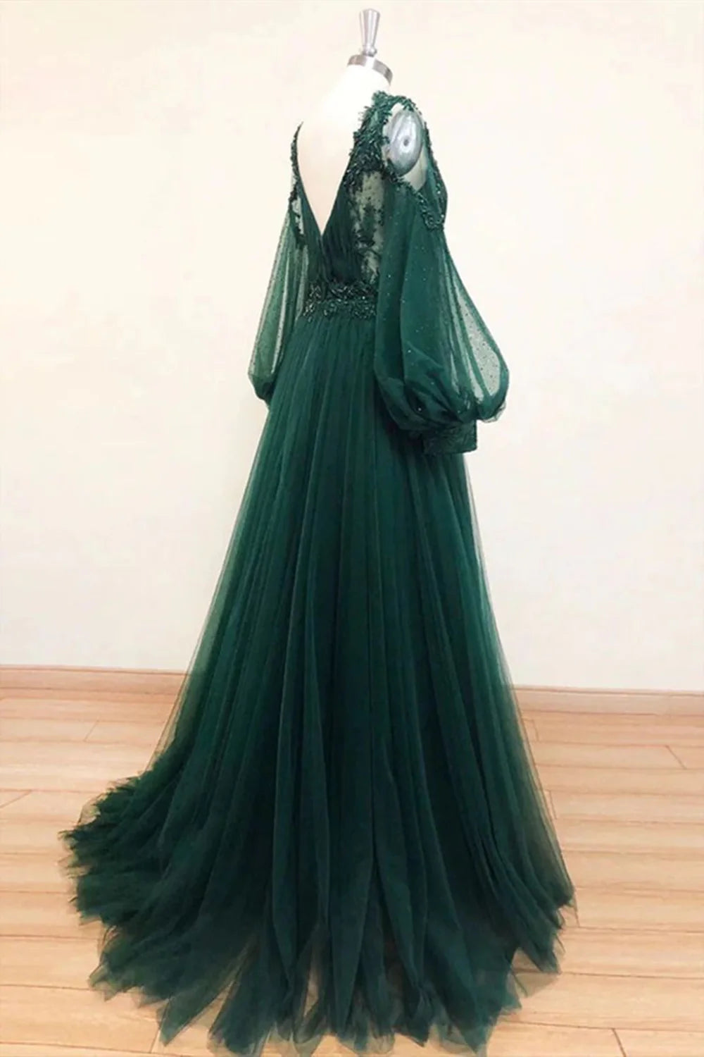 V Neck Long Sleeves Dark Green Lace Prom Dress, A-line Dark Green Lace Formal Evening Dress TP1239