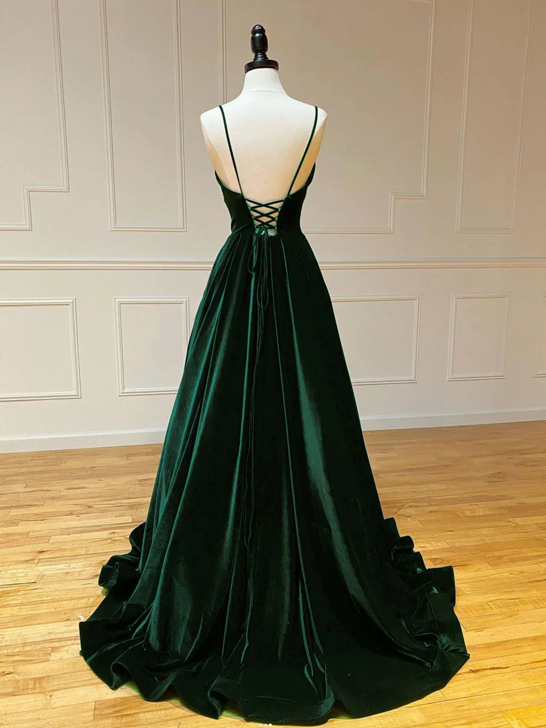 Dark Green A-line Velvet Long Party Dres, Lace-up Green Formal Dress Prom Dress TP1248
