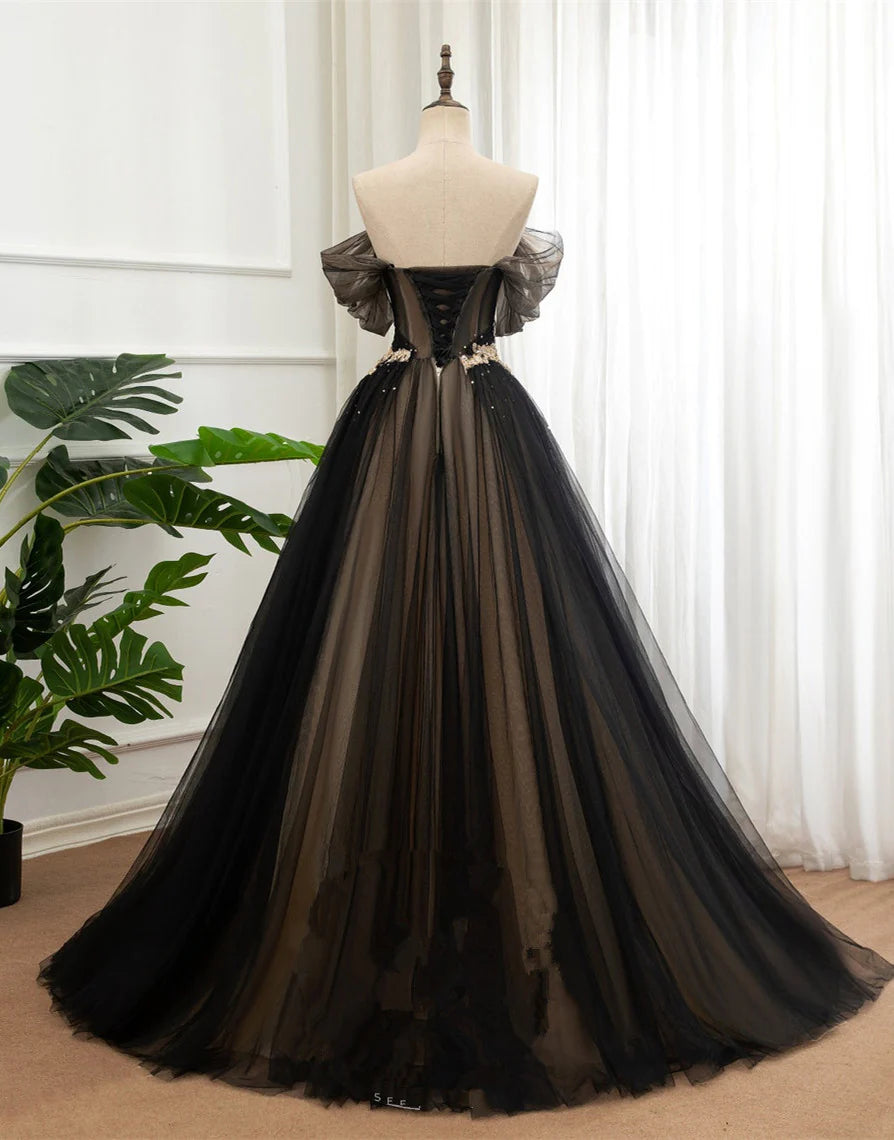 Black and Champagne Tulle Long Party Dress, Off Shoulder Formal Dress Prom Dress TP1252