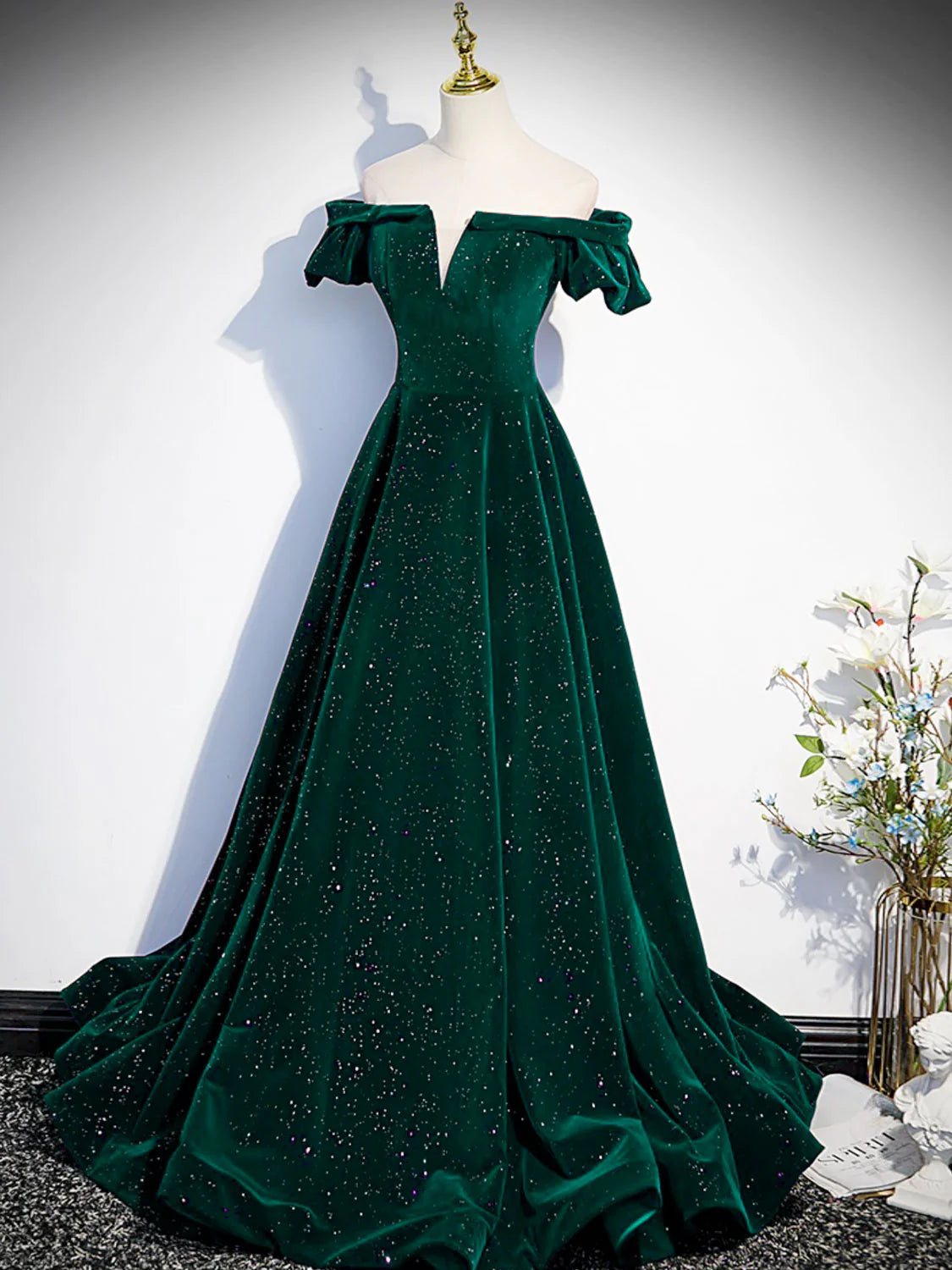 Green Off Shoulder A-line Floor Length Party Dress, Green Long Formal Dress Prom Dress TP1253