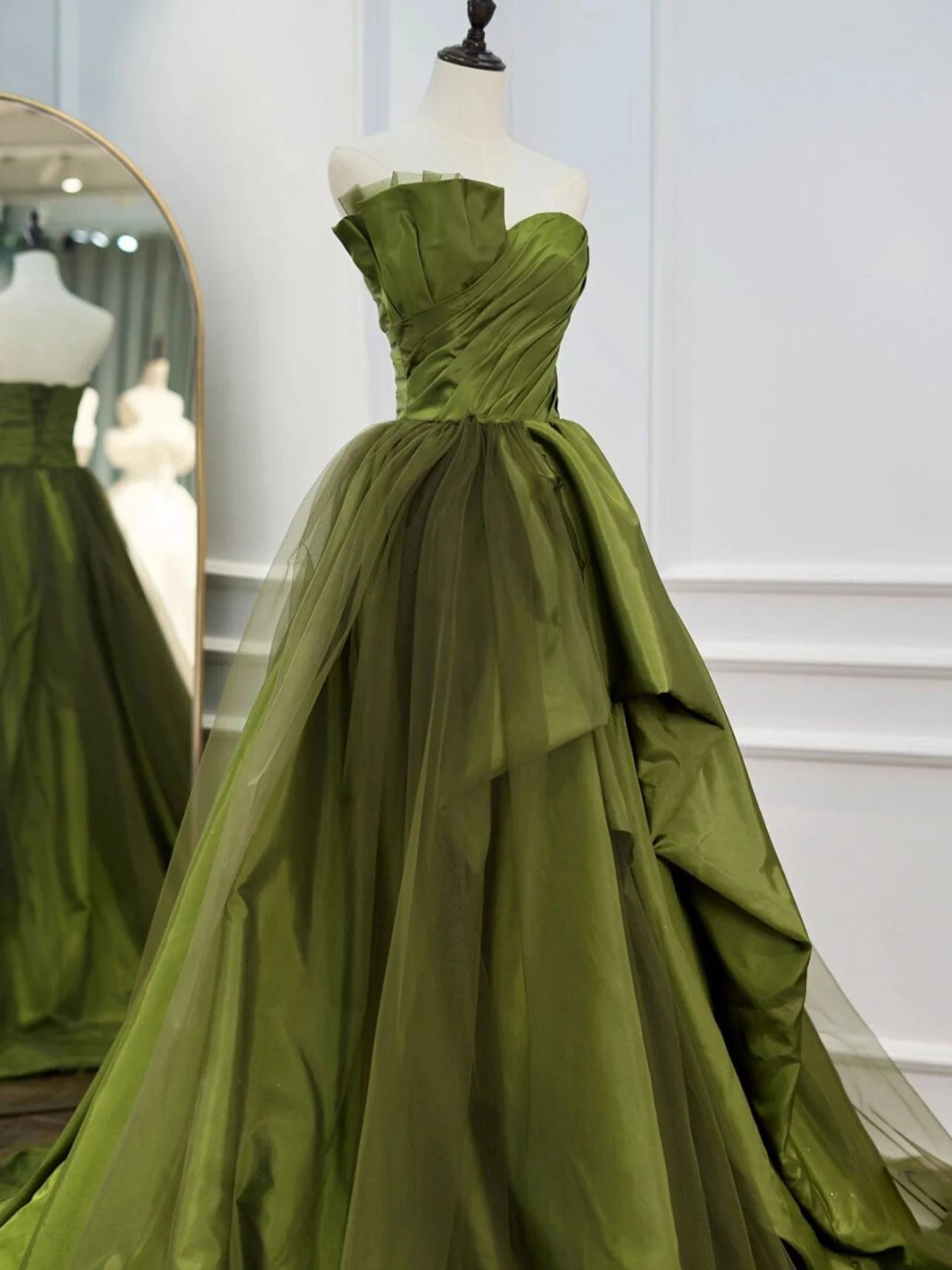 Green Satin and Tulle Long Formal Dress Party Dress, Green Ruffle Tiered Prom Dresses TP1255