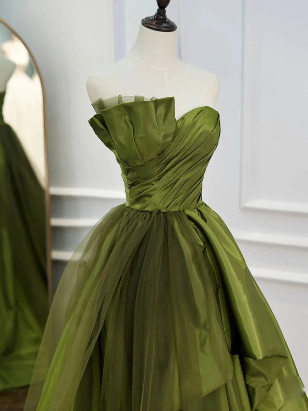 Green Satin and Tulle Long Formal Dress Party Dress, Green Ruffle Tiered Prom Dresses TP1255