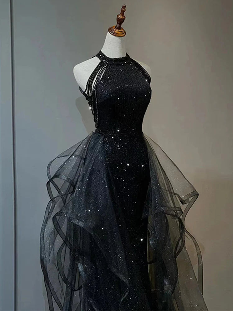 Chic Black Sparkly Halter-Neck A-Line Evening Gown Ruffled Tulle Prom Dress TP1256