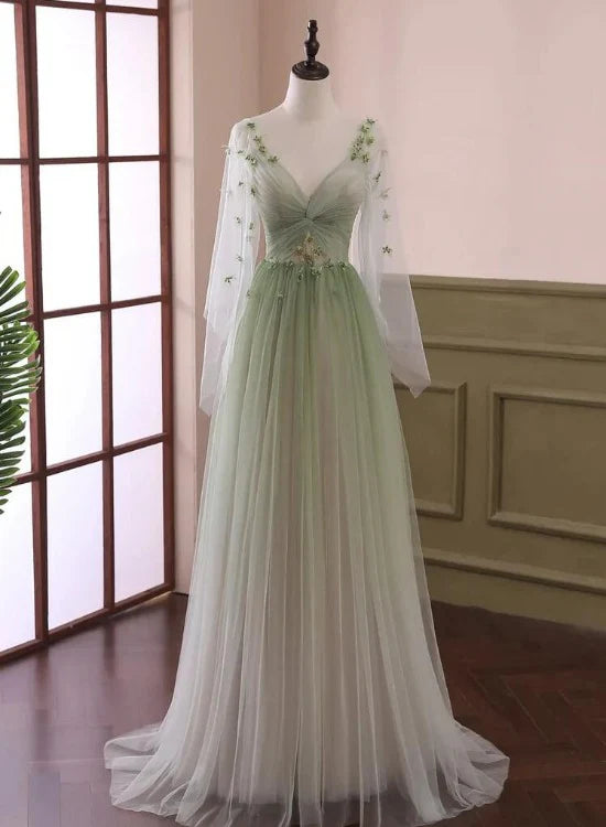 Green Gradient Puffy Sleeves Long Party Dress, A-line Beaded Prom Dress TP1257