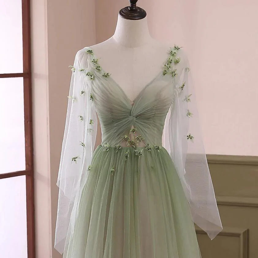 Green Gradient Puffy Sleeves Long Party Dress, A-line Beaded Prom Dress TP1257