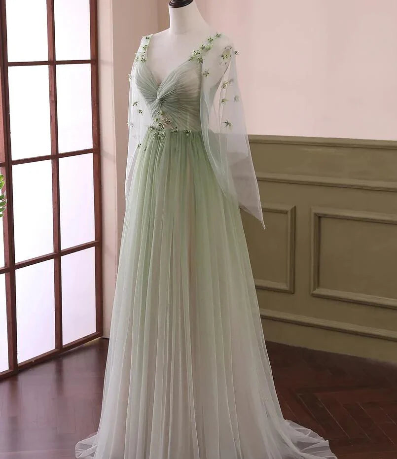 Green Gradient Puffy Sleeves Long Party Dress, A-line Beaded Prom Dress TP1257
