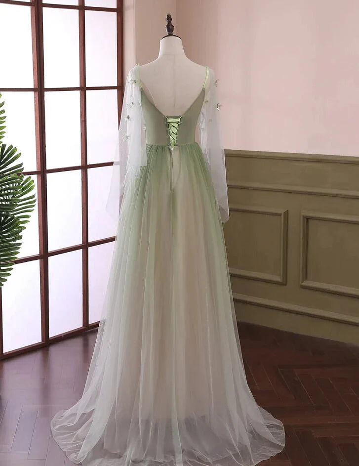 Green Gradient Puffy Sleeves Long Party Dress, A-line Beaded Prom Dress TP1257