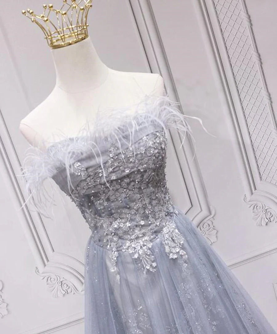 Sliver Grey Tulle with Lace Long Party Dress, Light Grey Bridesmaid Dress TP1263