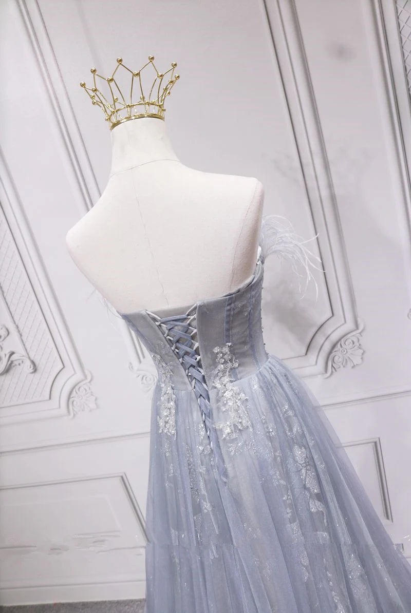 Sliver Grey Tulle with Lace Long Party Dress, Light Grey Bridesmaid Dress TP1263