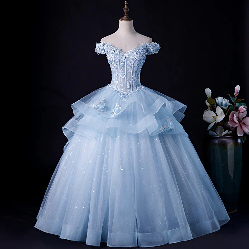 Light Blue Ball Gown Off Shoulder with Lace Sweet 16 Dress, Blue Formal Dress TP1265