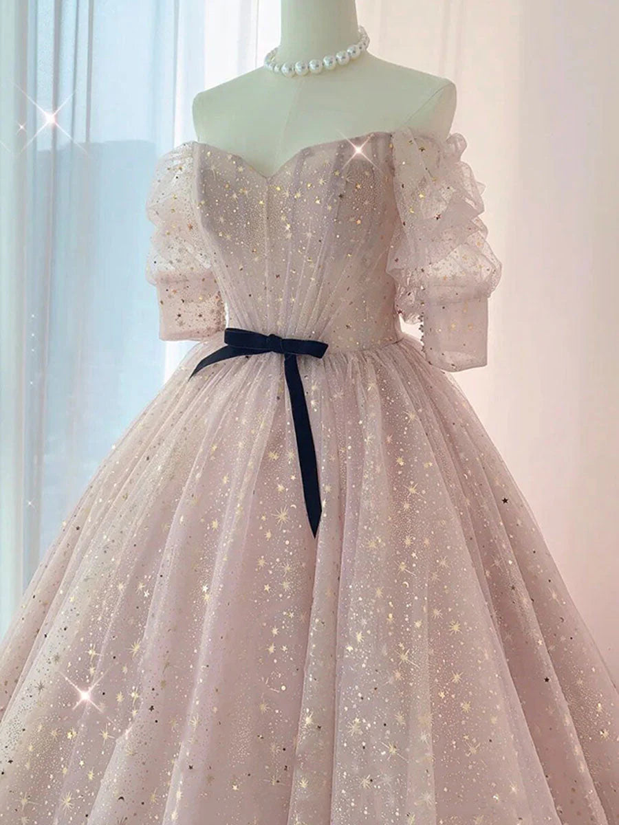 Pink Ball Gown Tulle Long Prom Dress ,Tulle Lace Short Sleeves Party Dress TP1268