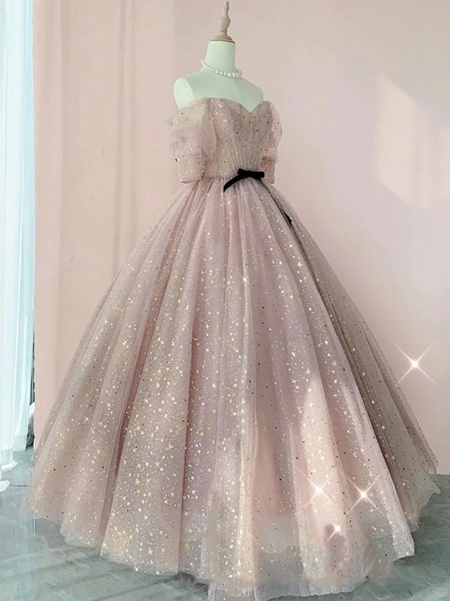 Pink Ball Gown Tulle Long Prom Dress ,Tulle Lace Short Sleeves Party Dress TP1268