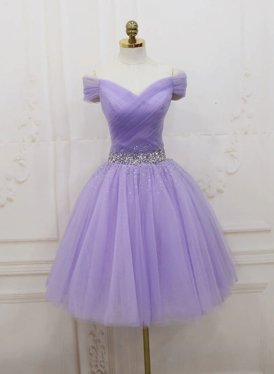 Off Shoulder Lavender Tulle Homecoming Dresses, Beaded Lavender Prom Dress TP1273