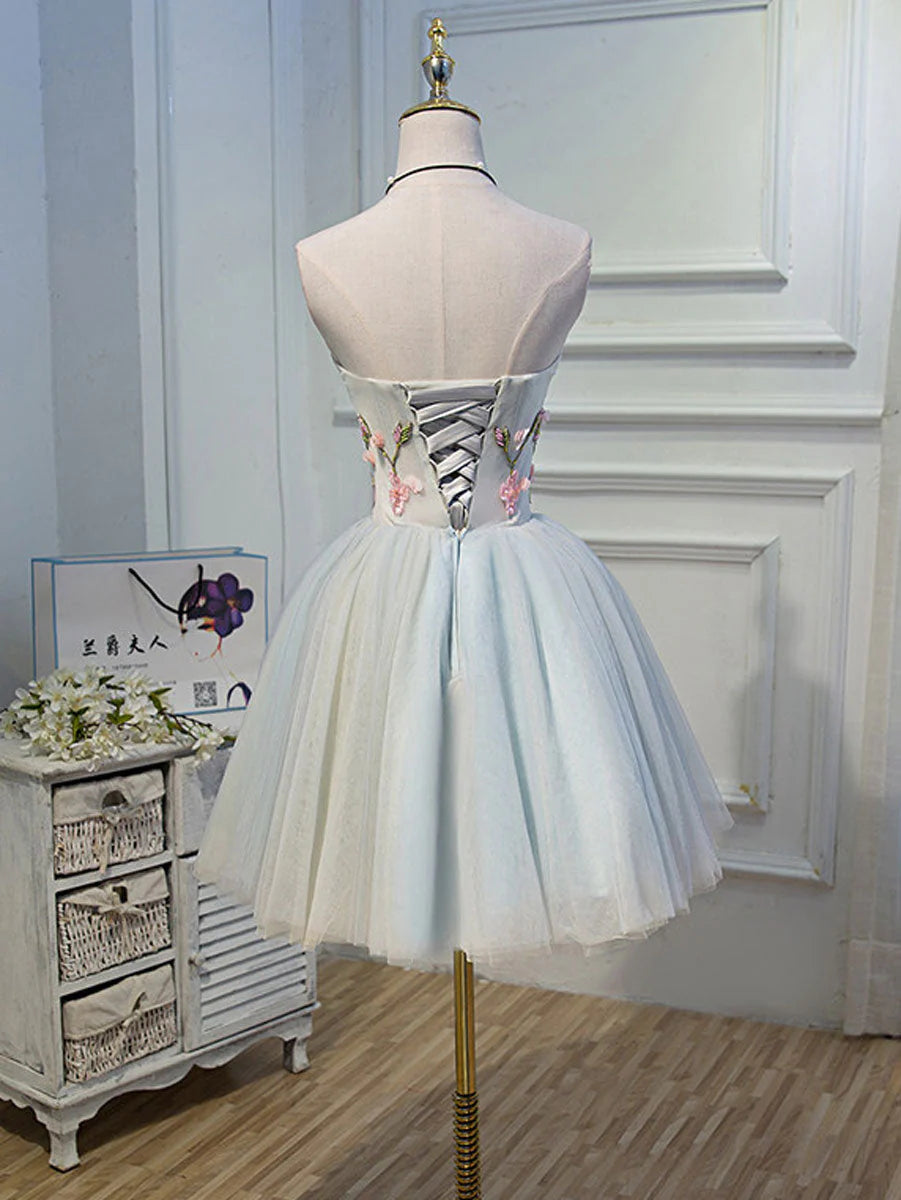 Cute Tulle Knee Length with Flowers Homecoming Dress, Blue Prom Dress TP1274