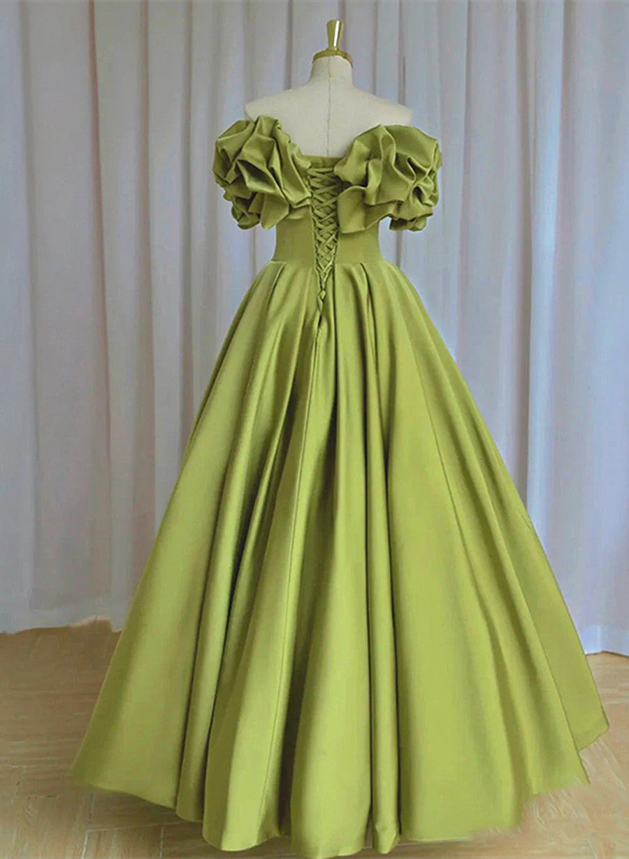 Light Green Satin Long Off Shoulder Lace-Up Party Dress, Green Prom Dress TP1280