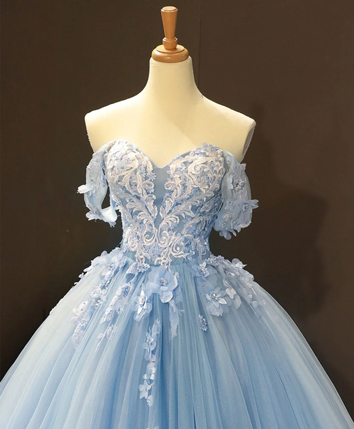 Blue Sweetheart Ball Gown Flowers Sweet 16 Dress, Blue Off Shoulder Wedding Party Dress TP1284