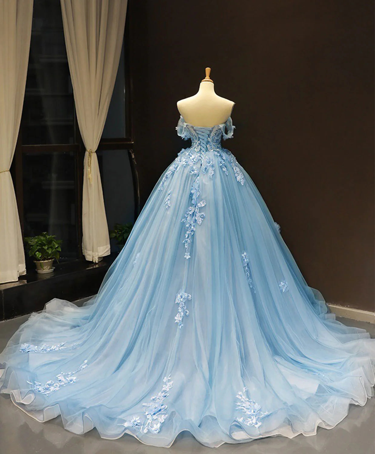 Blue Sweetheart Ball Gown Flowers Sweet 16 Dress, Blue Off Shoulder Wedding Party Dress TP1284
