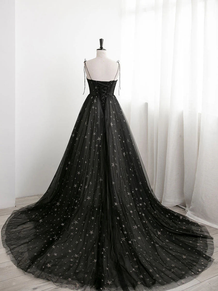 Blavk Sweetheart Straps A-line Long Tulle Prom Dress, Black Evening Party Dress TP1285