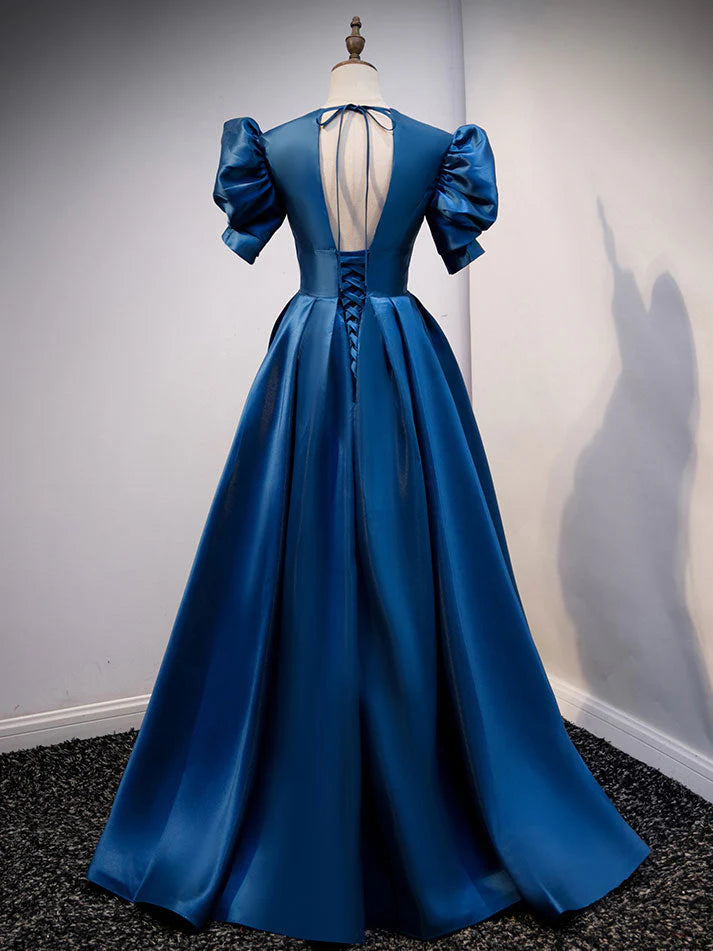 Blue Satin Long Simple Open Back Party Dress, Blue Floor Length Prom Dress TP1292