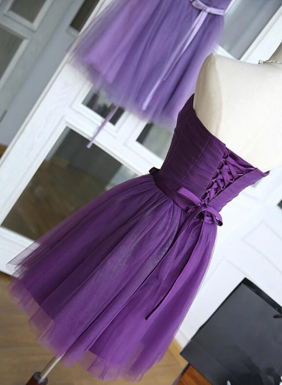 Purple Tulle Scoop Lace-up Short Homecoming Dress, Purple Tulle Short Prom Dress TP1295