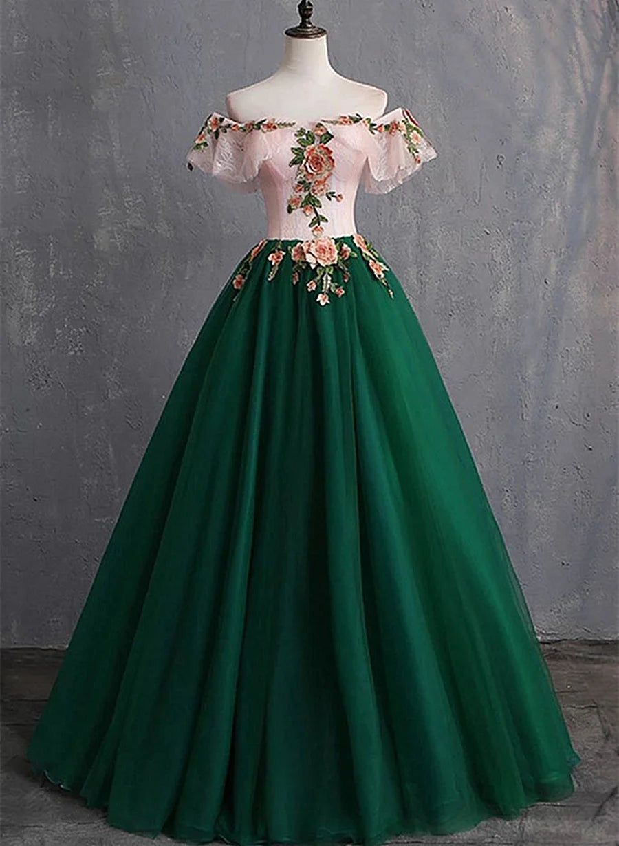 Green Tulle Off Shoulder with Flowers Long Sweet Dress, Green Long Prom Dress TP1296