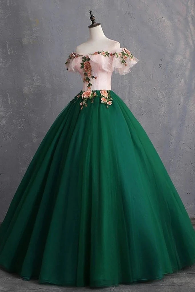 Green Tulle Off Shoulder with Flowers Long Sweet Dress, Green Long Prom Dress TP1296