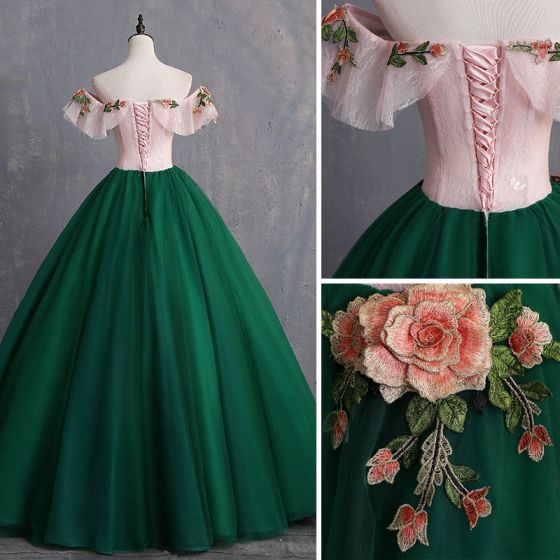 Green Tulle Off Shoulder with Flowers Long Sweet Dress, Green Long Prom Dress TP1296