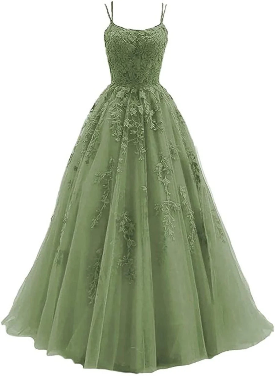 Light Green Straps Tulle Lace-up Long Party Dress, Green Evening Dress Prom Dress TP1297