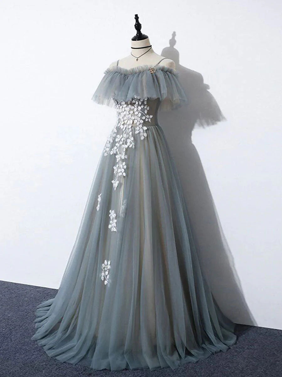 Grey Tulle with White Lace A-line Off Shoulder Party Dress, A-line Grey Evening Dress TP1299